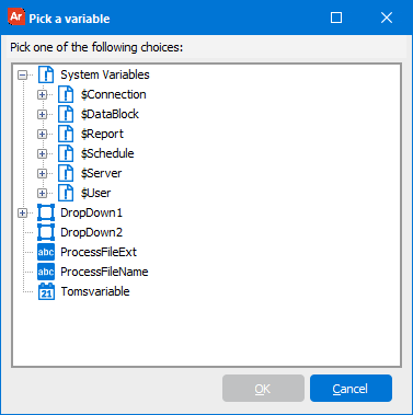 The pick a variable dialog box where Argos variables are selected.